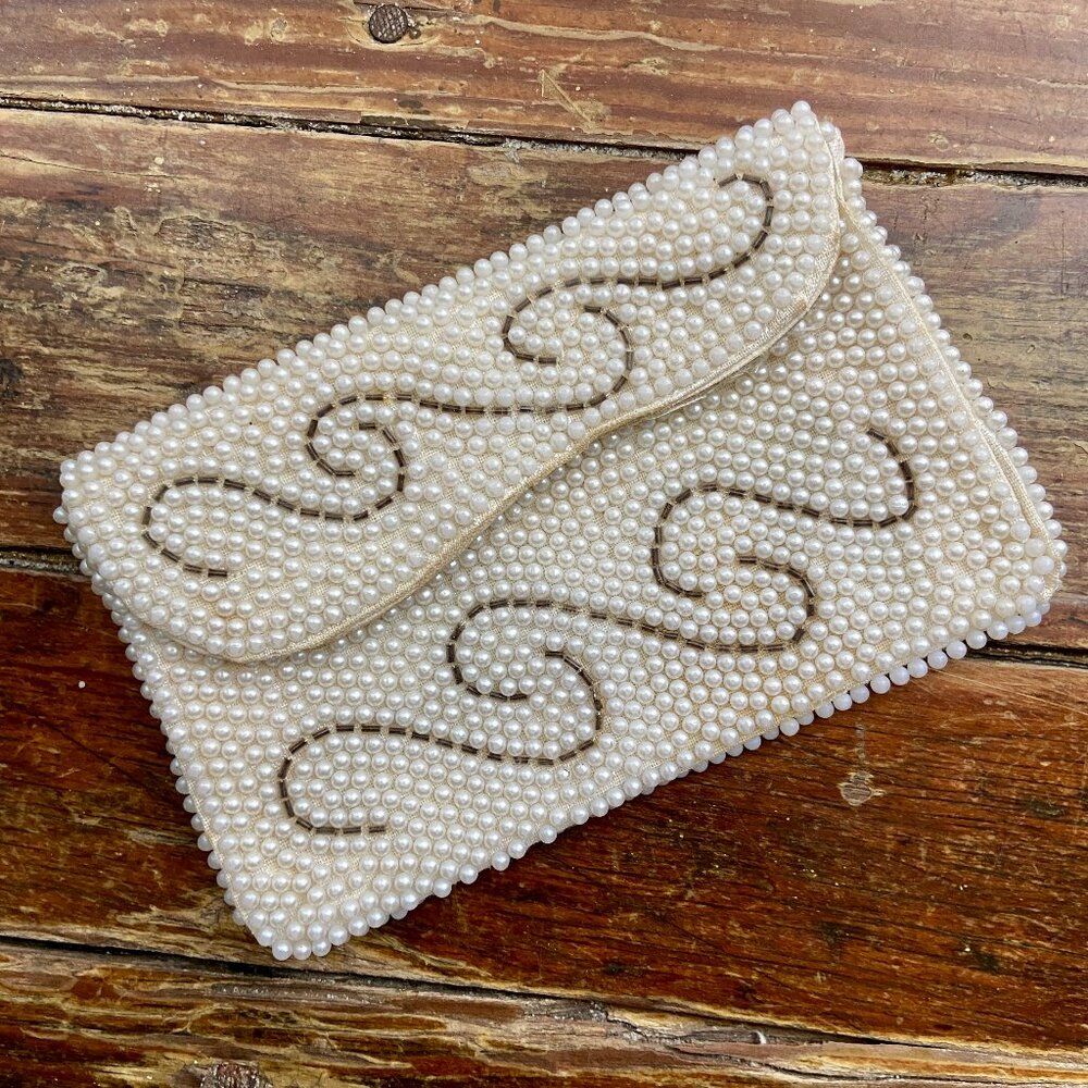 vtg 50s 60s BAGS BY SUSAN Mod White Cream Pearl Bead Clutch Wallet Purse Japan